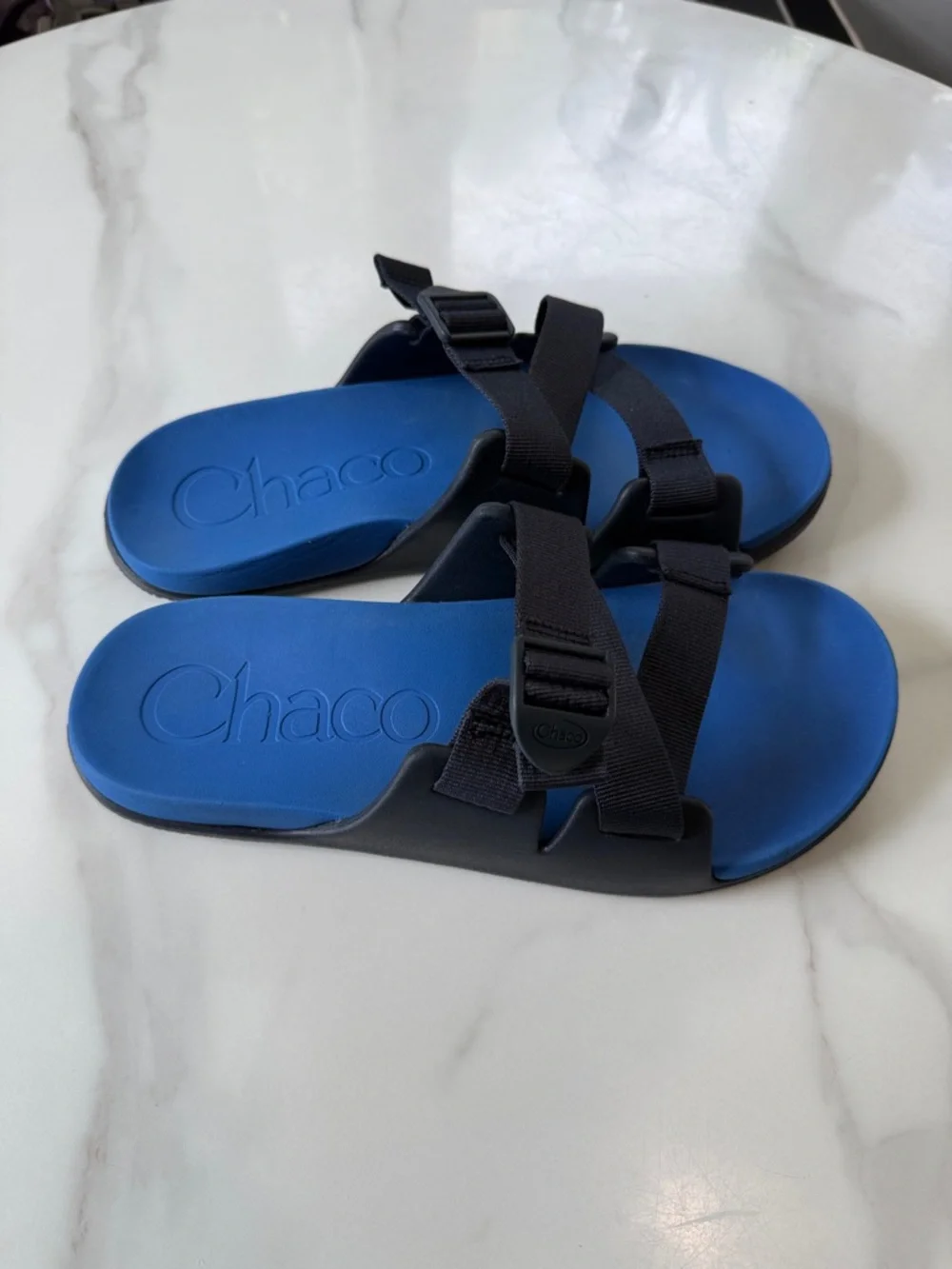Chaco Blue Slide Sandals with Black Webbing Straps